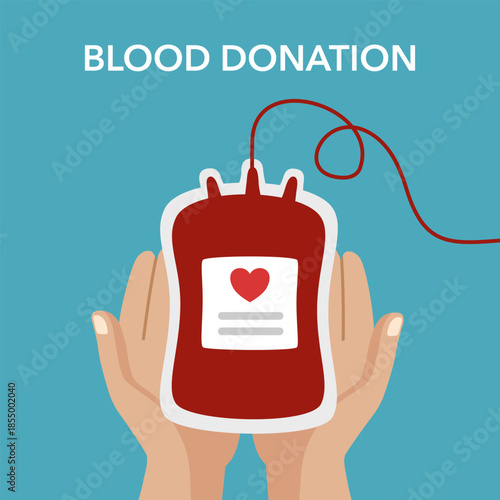Blood bag with medical sign and hand arm vector illustration. Blood donation concept. Save life, World blood donor day June 14.