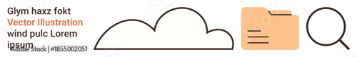 Digital storage, data management, organization, cloud computing, search tools, archive solutions. Cloud outline, file folder magnifying glass icon. Digital storage and data management concept