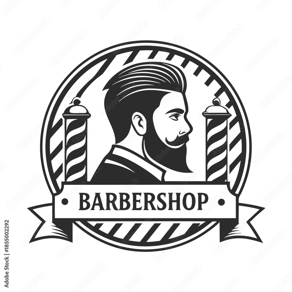 Obraz premium Barbershop Emblem With Barber Pole And Man Portrait