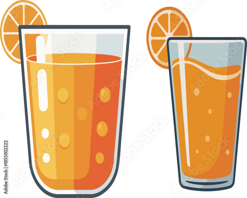 Fresh orange juice glass vector illustration set with orange slice garnish isolated on white background
