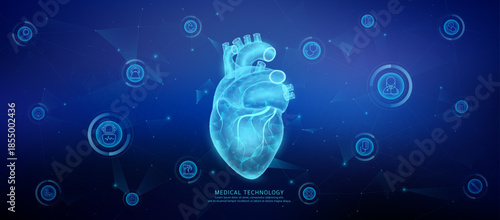Translucent polygon heart organ connected medical technology network icons. Cyborg human collaboration. Health care technology digital. Banner vector.