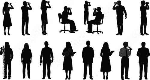 People silhouettes with binoculars and reporters holding microphones standing and sitting professional observation journalism illustration collection set