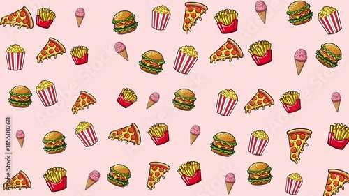 Pattern of various fast foods on a pink background suitable for food blogs, social media posts, restaurant menus, and advertising campaigns.