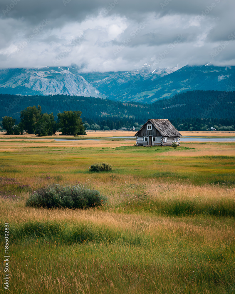 Obraz premium Isolated wooden cabin in wide green meadow beneath dramatic cloudy mountains