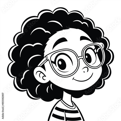 Cartoon Girl With Curly Hair And Glasses Looking Forward