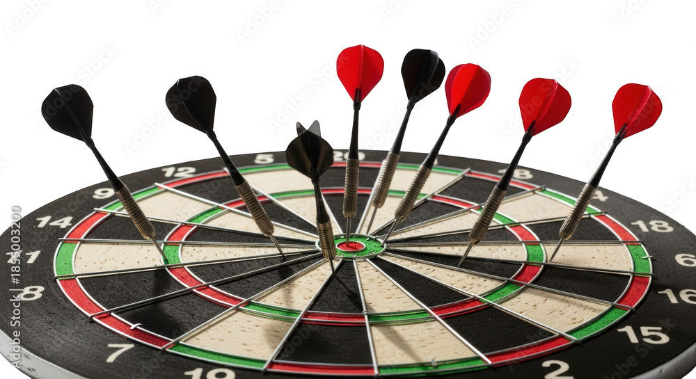 Fototapeta premium Darts embedded in a dartboard with red and black flights against a black background game sport