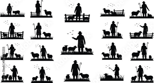 Shepherd and sheep silhouettes set showing rural farming scenes shepherding livestock countryside pasture traditional agriculture illustration collection