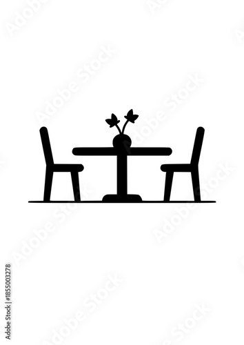 Cozy dining table with two chairs and a vase on top, silhouette style on white background with copy space
