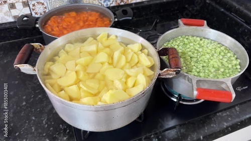 Pots on the stove to prepare a mayonnaise with potatoes, green beans, and carrots