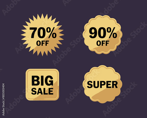 Golden discount sale badges with high percentage off offers