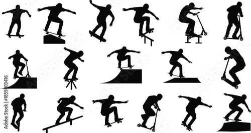 Skateboard and scooter silhouettes set showing riders performing extreme sports tricks jumps ramps street freestyle illustration vector