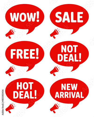 Set of red megaphone speech bubbles with promotional marketing messages