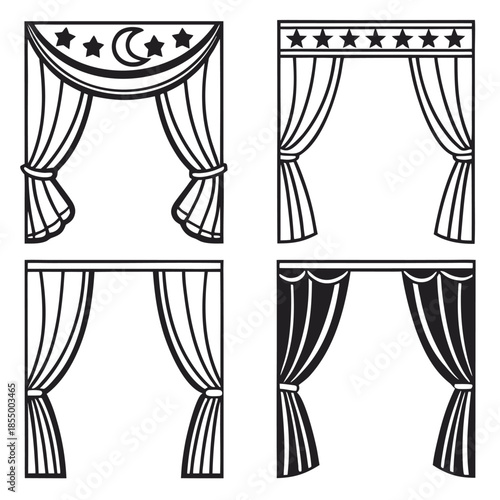 Four Black and White Drawings of Theater Curtains with Stars and Moon