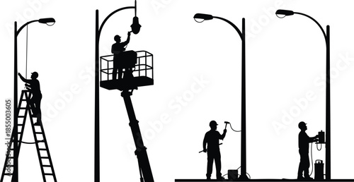 Street light maintenance worker silhouettes set showing technicians repairing installing urban lamp posts city infrastructure service illustration