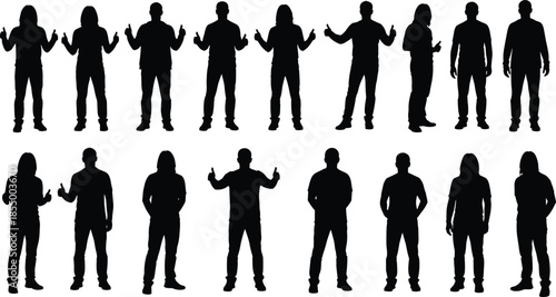 Standing people gesture silhouette set showing body language hand signs communication poses casual posture illustration collection