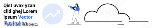 Person holding clipboard analyzing upward data chart next to a stylized cloud. Ideal for analytics, finance, cloud computing, technology, growth, progress, simple landing page
