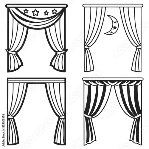 Four styles of decorative curtains with stars and moon motifs