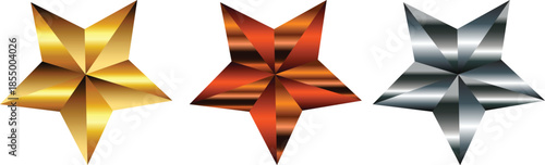 Vector art of set of three shiny stars gold, red, and silver metallic awards or emblems