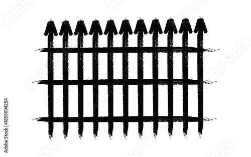 A black metal fence with pointed tips and vertical bars on a white background