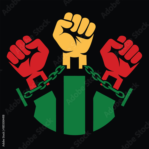 A powerful emblem of resistance two raised fists in red and gold breaking free from chains on a green and black background symbolizing liberation