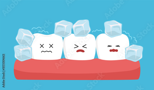 Sensitive teeth cartoon character with ice in flat design. Tooth sensitivity symptom concept.