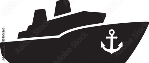 Cargo Ship Silhouette Icon With Anchor Symbol Simple Flat Black Maritime Vessel Design