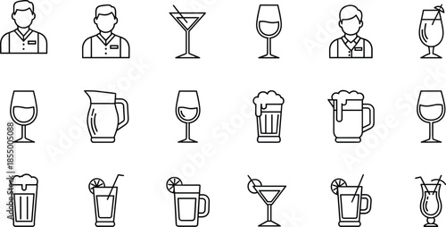 Line of waiters and various drink glasses line waiter cocktail glasses wine glasses