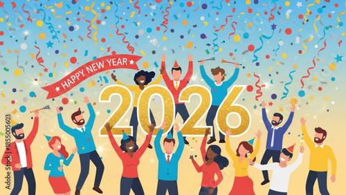 Happy new year 2026 celebration with group of people dancing and confetti