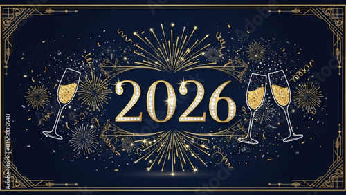 New year's eve celebration with champagne glasses and fireworks on dark background with gold accents for 2026 party
