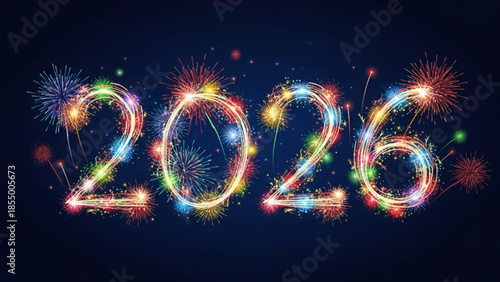 Vibrant fireworks exploding around colorful 2026 text on dark blue background