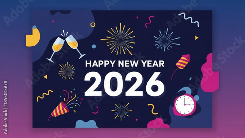 Happy new year 2026 celebration with fireworks, champagne and clock striking midnight on dark background with colorful confetti