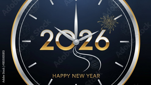 Happy new year 2026 clock striking midnight with fireworks on black background