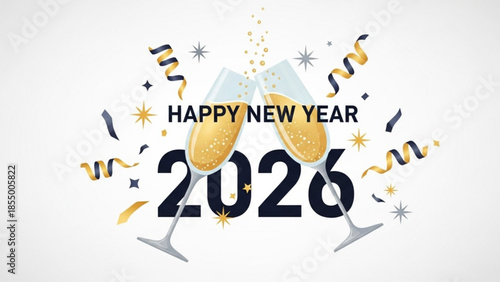 Happy new year 2026 celebration with champagne glasses, confetti and stars on white background, festive design for greeting cards and party invitations