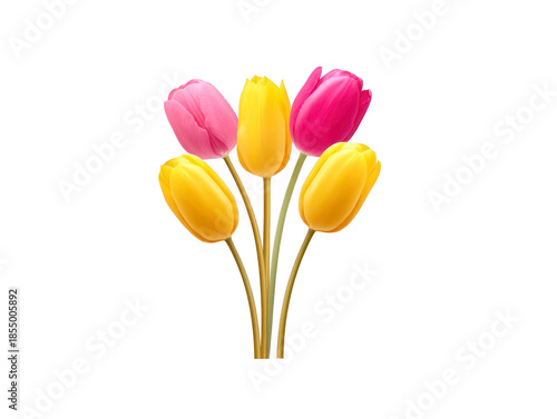 Yellow and pink tulip flowers with green stems arranged in bouquet, isolated on transparency background, symbolizing freshness and cheerful spring mood