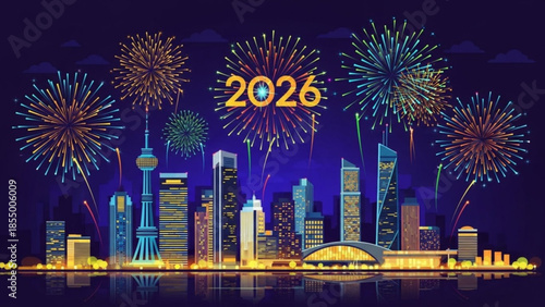 New year's eve celebration with fireworks display over modern city skyline at night with 2026 text
