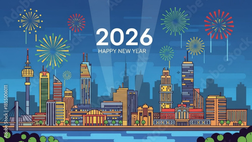 Vibrant city skyline with fireworks display at night celebrating 2026 new year with colorful lights and skyscrapers along waterfront