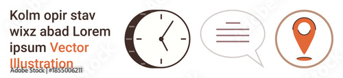Time management, communication, navigation, scheduling, information flow, map services. Minimalist icons showing a clock, speech bubble and location pin. Time management and communication in daily