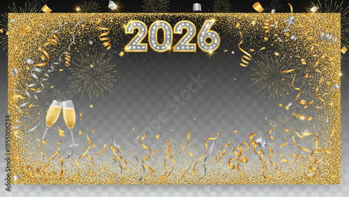 New year's eve celebration background with 2026 text and gold decorations, champagne glasses, fireworks and confetti on a dark grey gradient