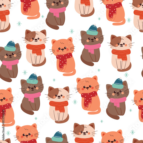 seamless pattern cute cartoon cat with scarf for winter wallpaper
