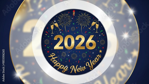 2026 happy new year celebration graphic with fireworks and champagne glasses on dark background with white circle border