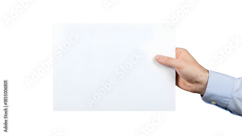 Man's Hand Holding Blank White Paper Sheet Mockup isolated on Transparent Background