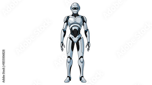 A full-body illustration of a sleek, futuristic humanoid robot with a metallic silver and black design, standing upright against a white background.