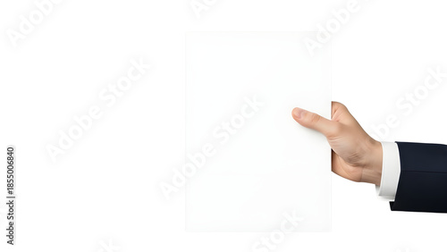 Man's hand in dark suit holding blank white sheet of paper with copy space isolated on Transparent Background