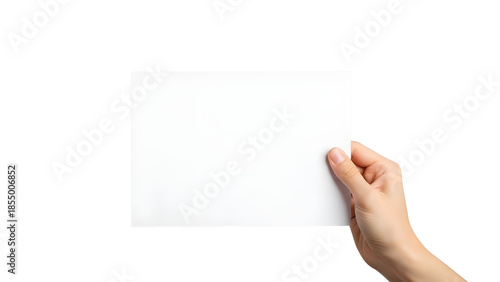 Woman's Hand Holding Blank White Paper Sheet isolated on Transparent Background