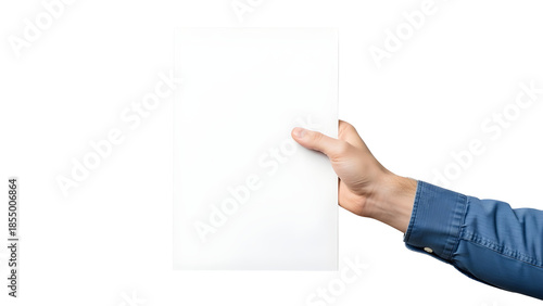 Human Hand Holding Blank White Paper isolated on Transparent Background