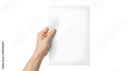 Female hand holding blank white vertical paper sheet mockup isolated on Transparent Background