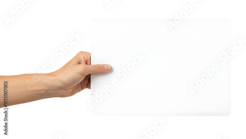 Human Hand Holding Blank White Paper with Copy Space isolated on Transparent Background