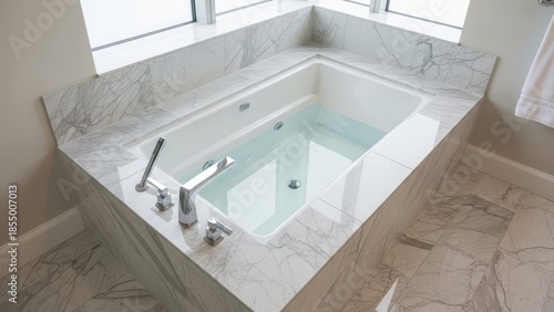 Modern luxury bathroom corner soaking tub with marble surround and chrome fixtures filled with water
