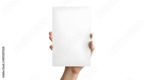 Hand Holding Blank White Vertical Paper Card Mockup isolated on Transparent Background