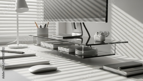 Modern minimalist desk workspace with glass monitor stand computer setup white office interior sunlight shadows through blinds